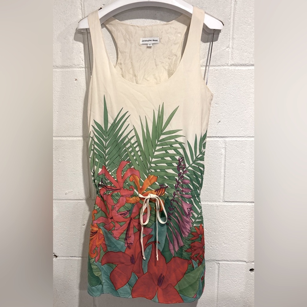 Christopher Dean sleeveless silk dress beige tropical red floral